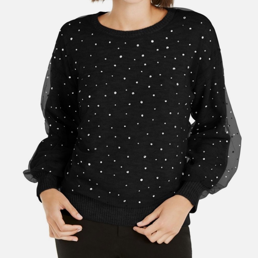 INC International Concepts rhinestone sheer overlay crewneck sweater black XL